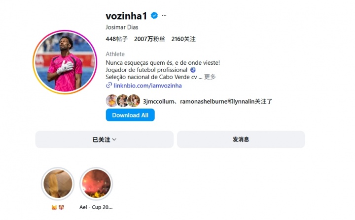 佛得角门将沃齐尼亚社媒粉丝数突破2000万,超越欧文 佛得角门将沃齐尼亚社媒粉丝数突破2000万,超越欧文