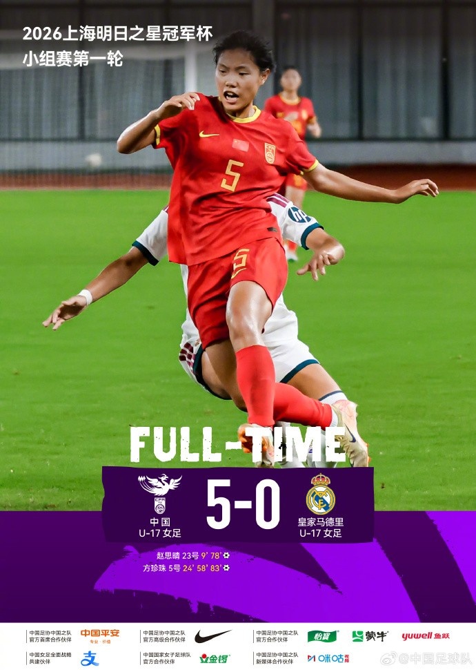 U17女足上海冠军杯5比0血洗皇马梯队 方珍珠戴帽赵思晴双响